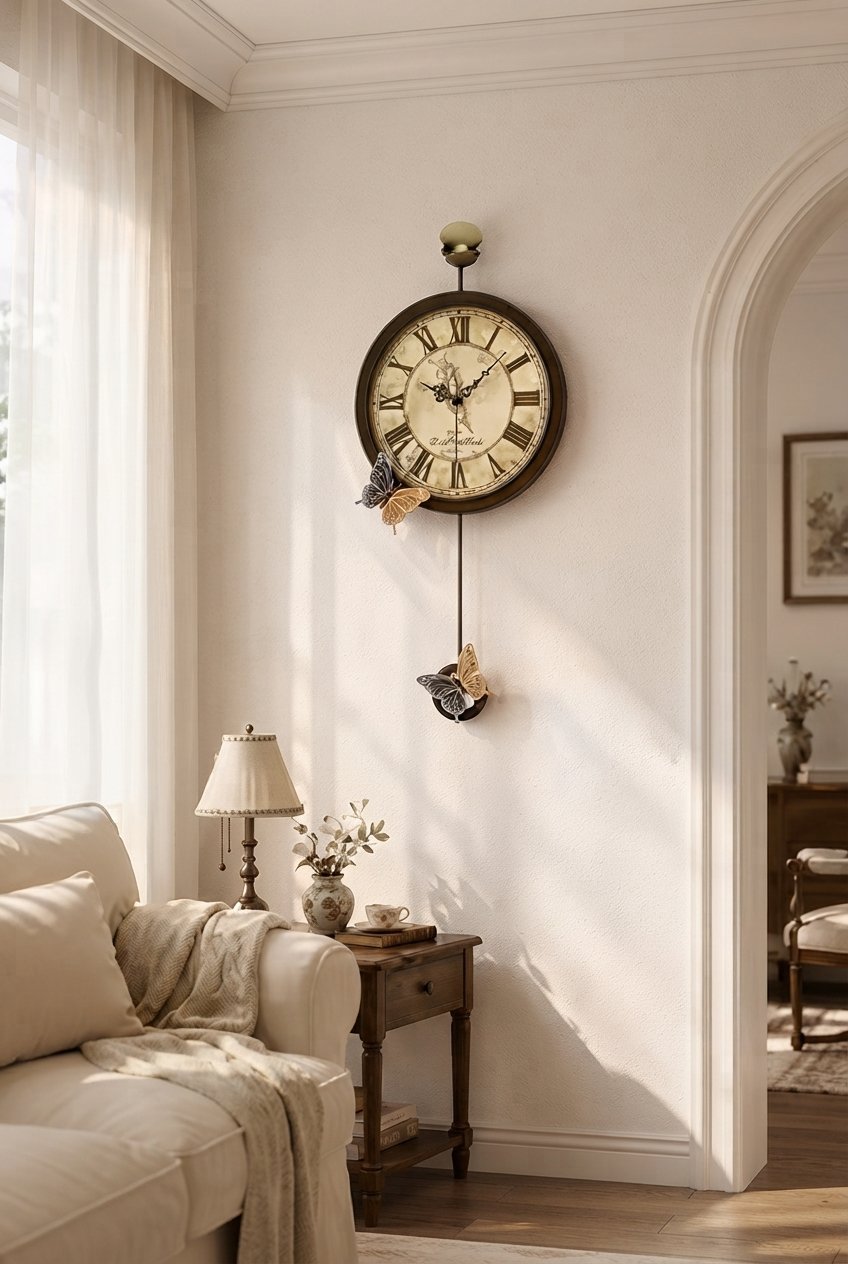 Close-up of butterfly detail on retro wall clock