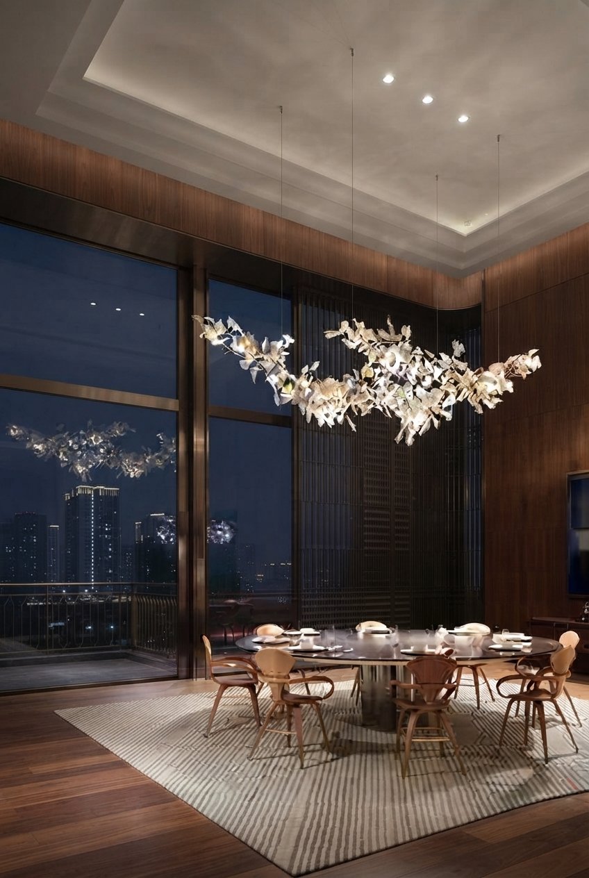 Nordic ceramic chandelier for dining room hanging above a wooden table