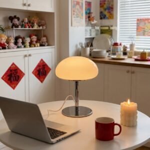 Cream-yellow cloud table lamp on bedside nightstand