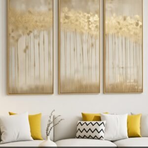 Hand painted gold tree triptych oil painting on three canvas panels above a living room sofa