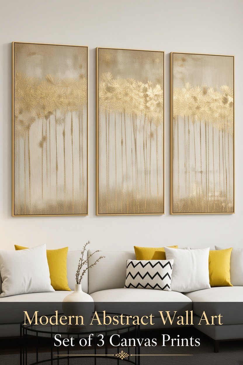 Hand painted gold tree triptych oil painting on three canvas panels above a living room sofa