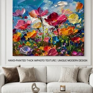 Handmade Red & Yellow Floral Oil Painting on Canvas