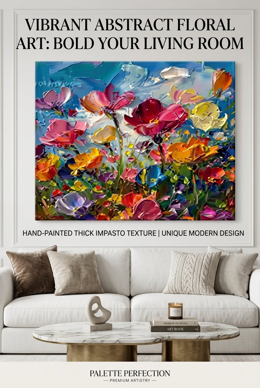 Handmade Red & Yellow Floral Oil Painting on Canvas