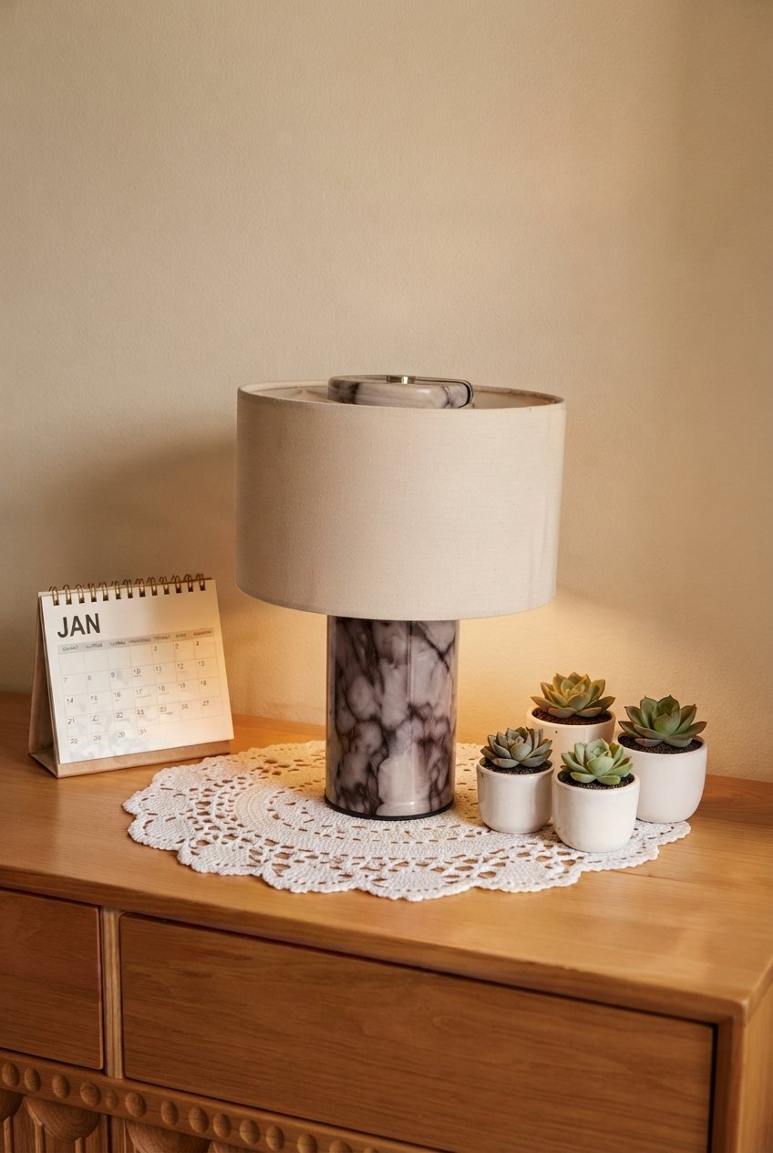 Marble table lamp with fabric shade on wooden nightstand