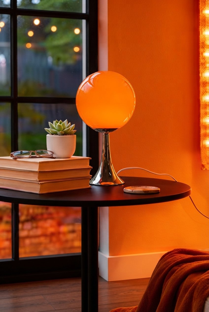 Nordic glass globe lamp glowing warm amber on nightstand