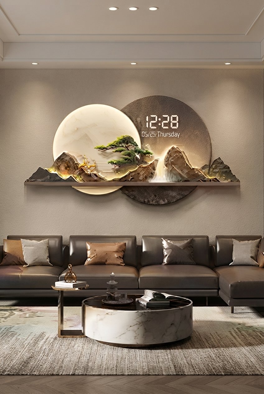 Large Nordic digital wall clock in modern living room