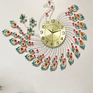 Large peacock design wall clock in living room decor