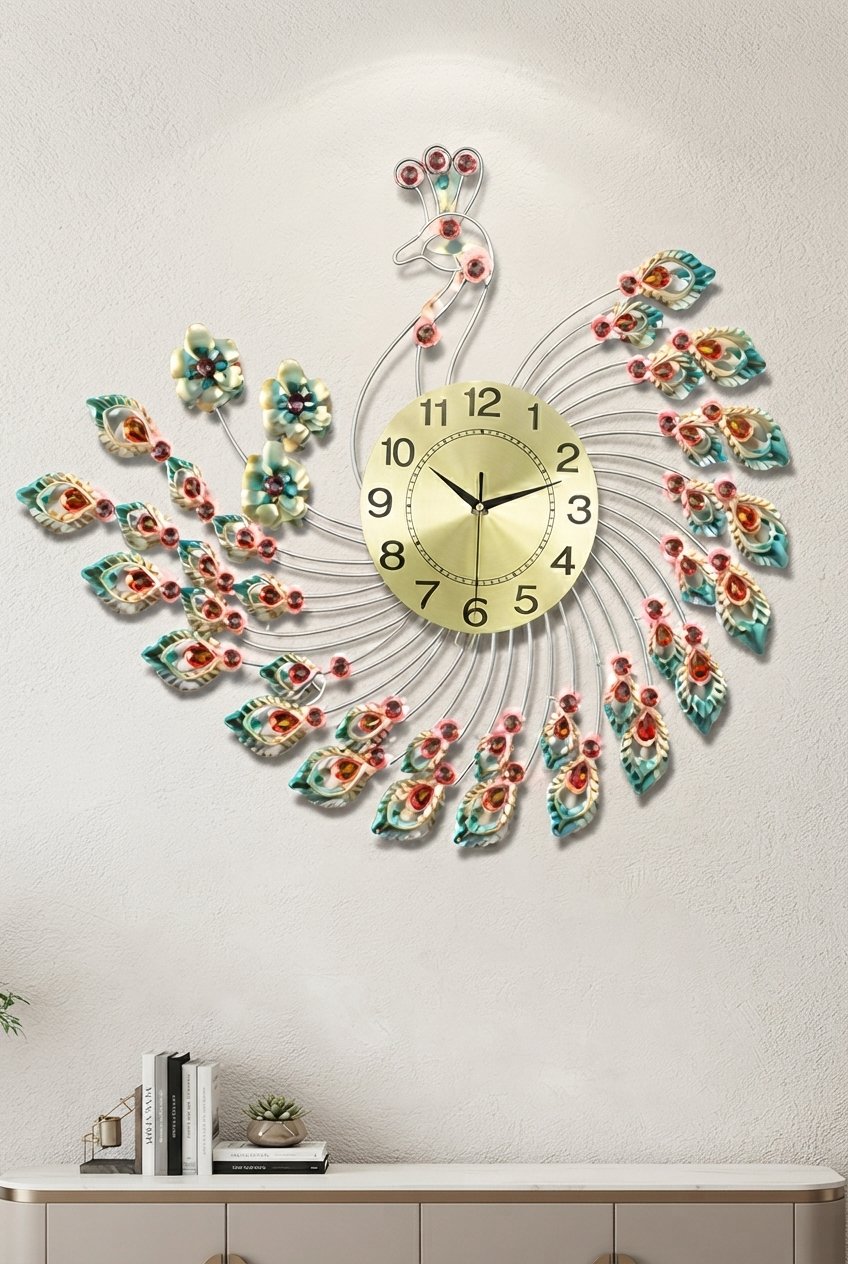 Large peacock design wall clock in living room decor