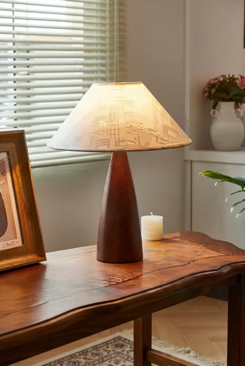 Retro iron desk lamp with fabric shade on wooden desk