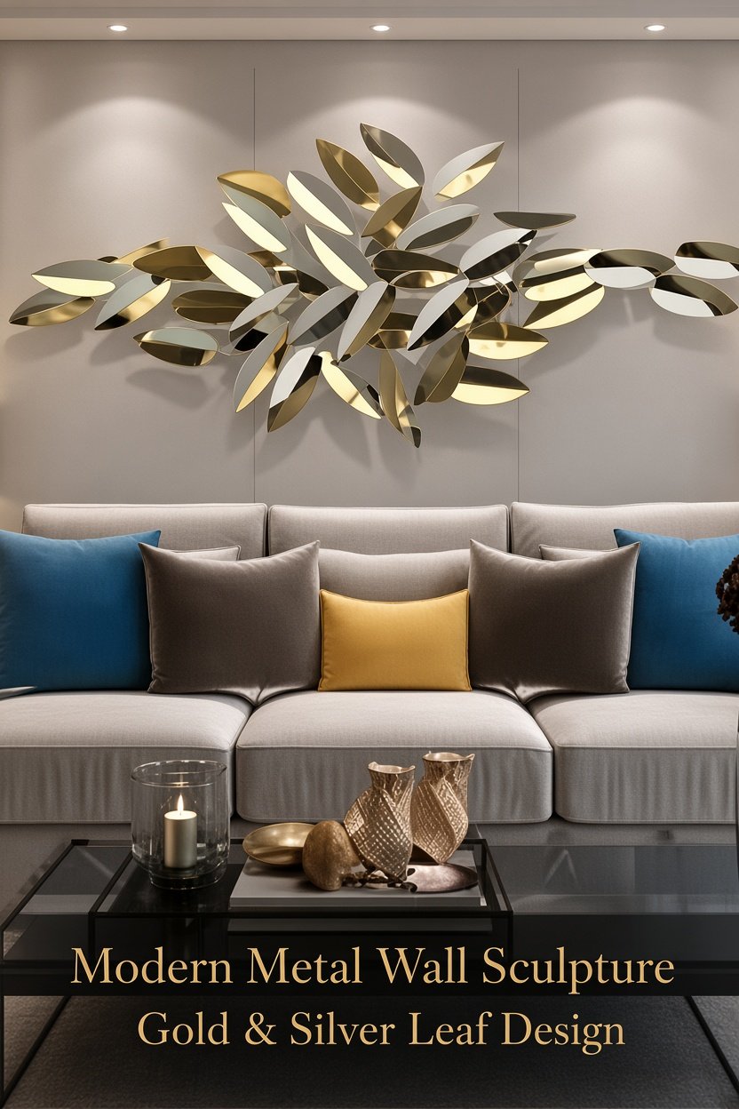 Gold leaf metal wall art with a high gloss finish hanging above a sofa in a living room