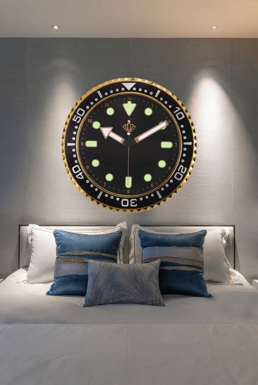 Modern wall clock with brushed gold rim and white minimalist dial hanging on neutral dining room wall