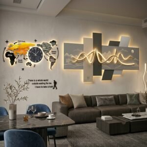 Large silent LED digital wall clock mounted above a living room console