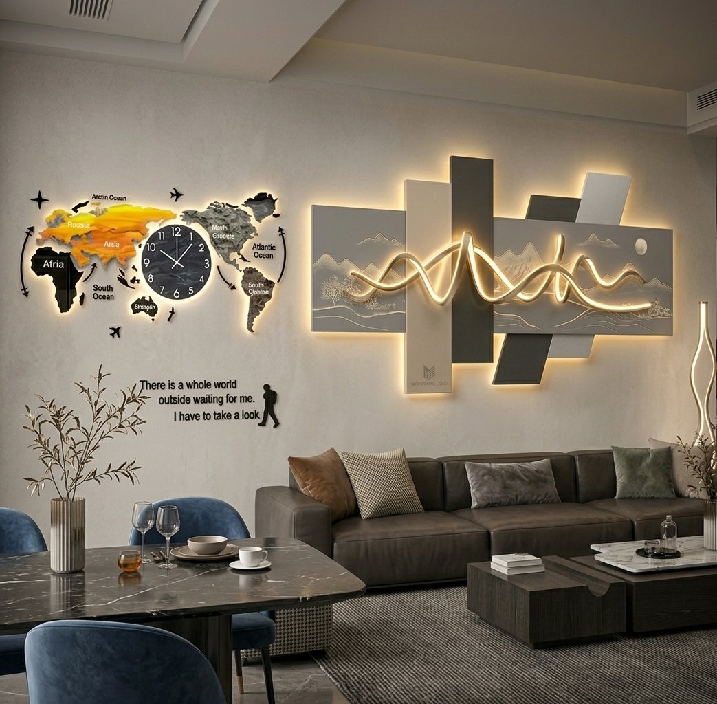 Large silent LED digital wall clock mounted above a living room console
