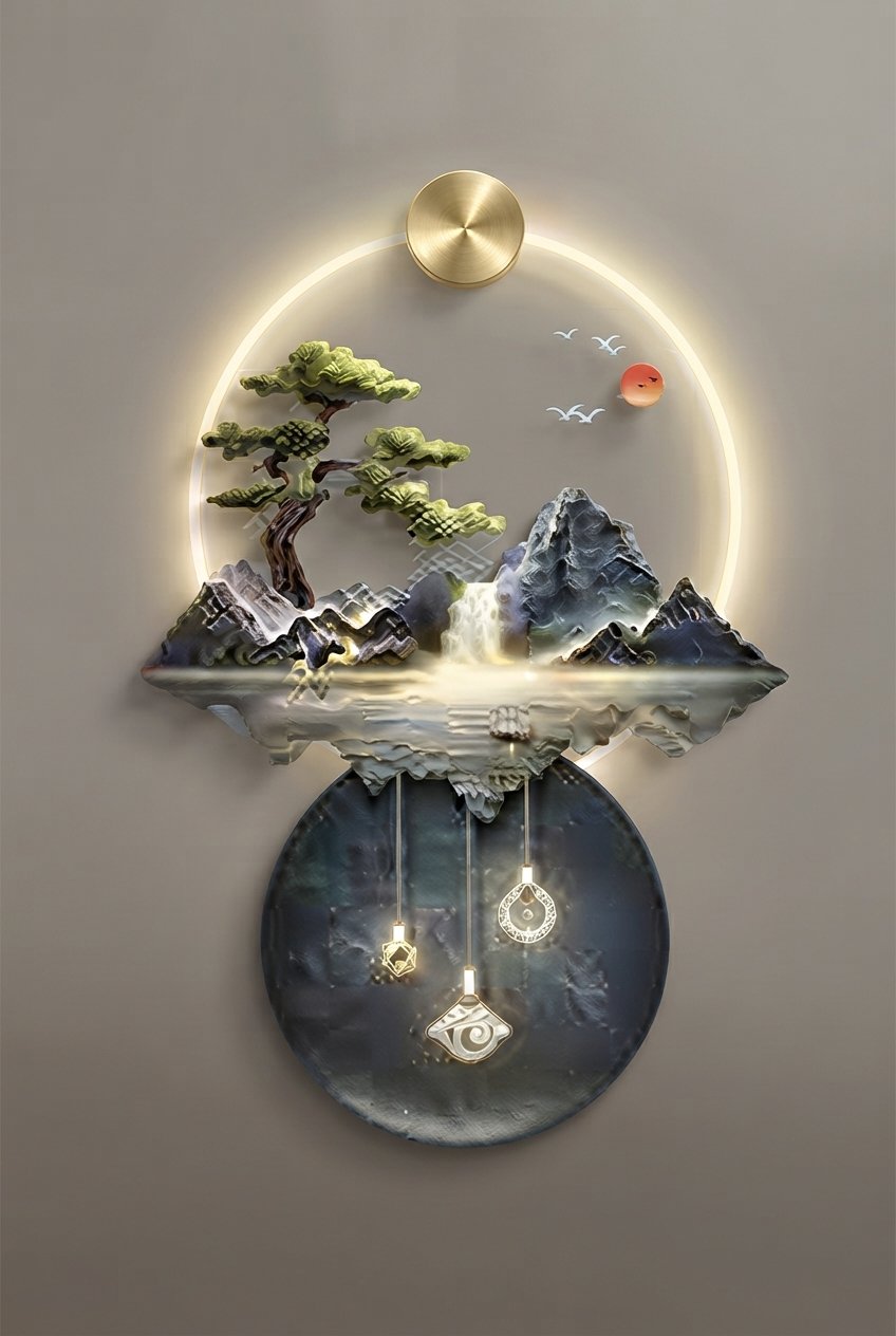LED landscape wall art lamp illuminated in living room