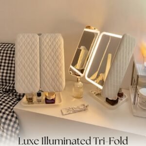 LED trifold makeup mirror with smart fill light on dressing table