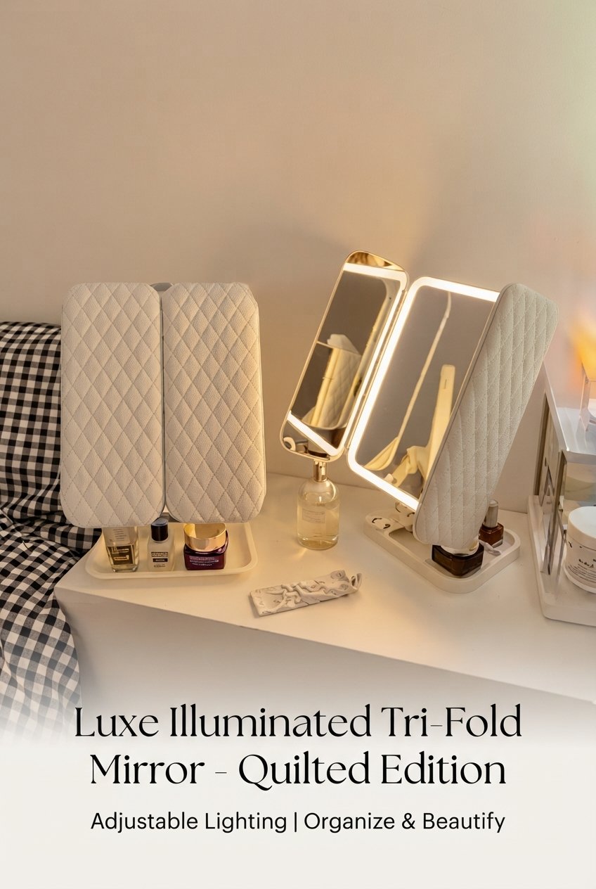 LED trifold makeup mirror with smart fill light on dressing table