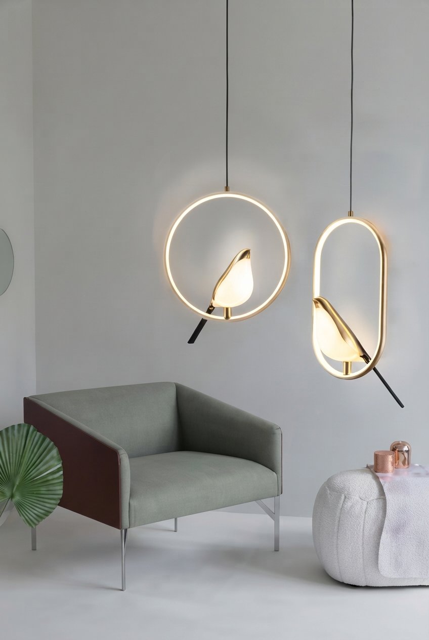 Rotatable Magpie bird LED pendant light in gold finish