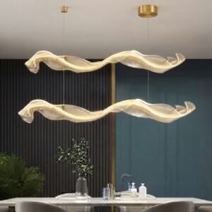 Modern LED pendant light hanging over dining room table