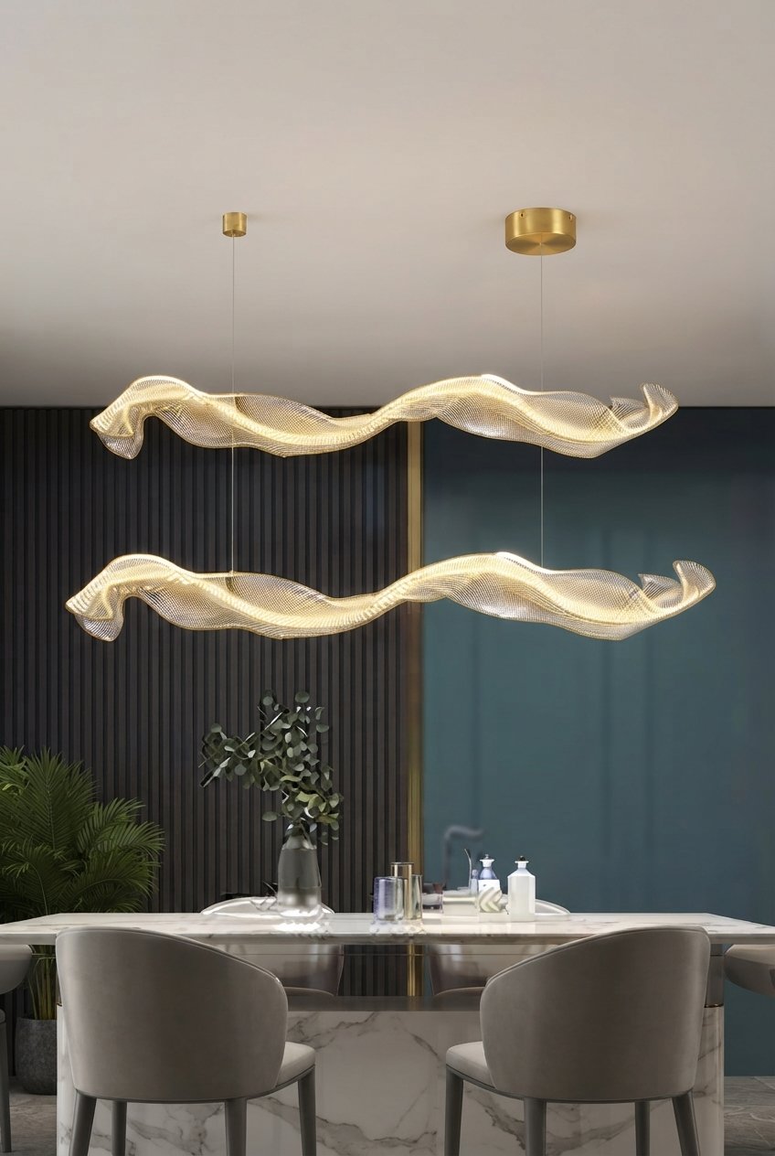 Modern LED pendant light hanging over dining room table