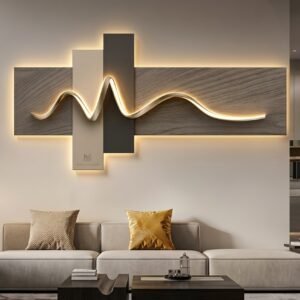 Wabi-sabi LED wall art panel mounted above a living room sofa
