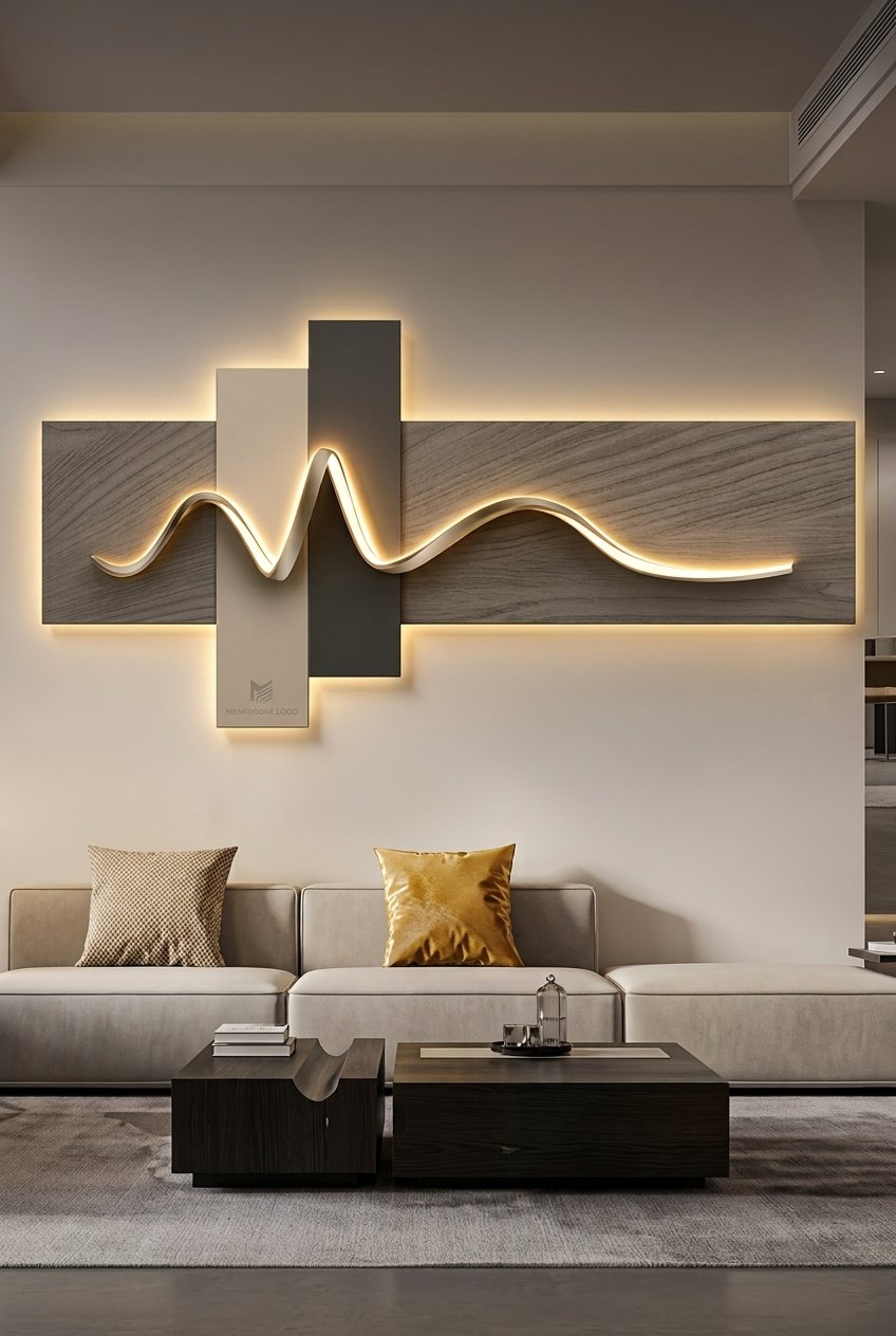 Wabi-sabi LED wall art panel mounted above a living room sofa