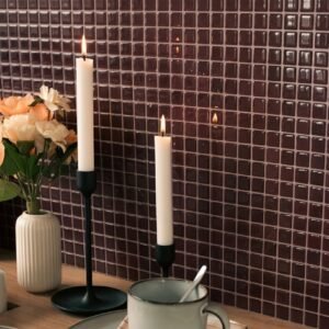 Peel and stick 3D mosaic backsplash tiles on a kitchen wall