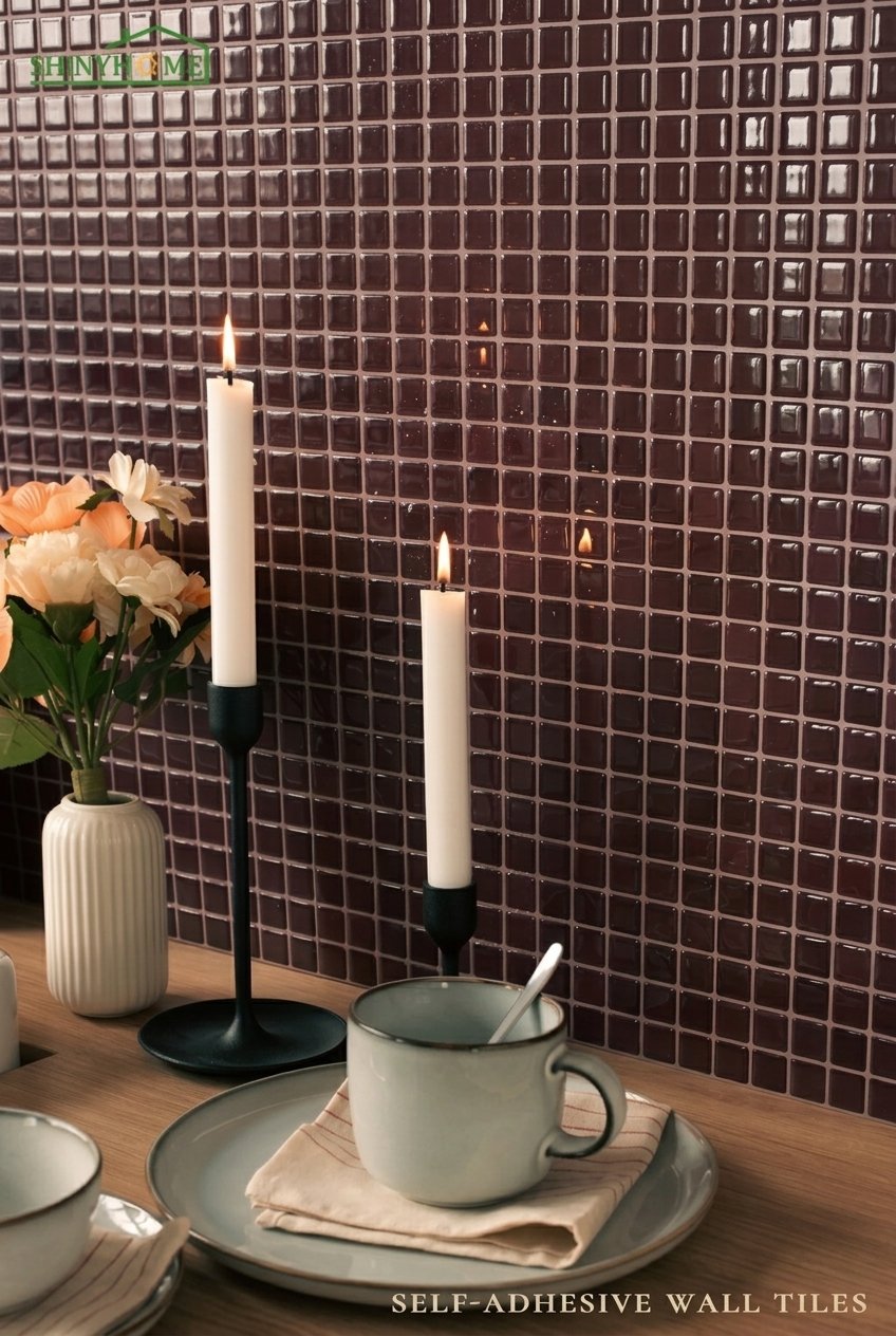 Peel and stick 3D mosaic backsplash tiles on a kitchen wall