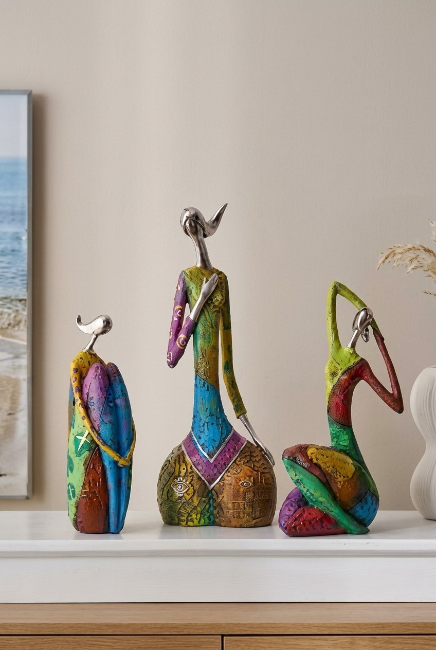 Abstract figure sculpture in a Nordic modern style on a living room shelf