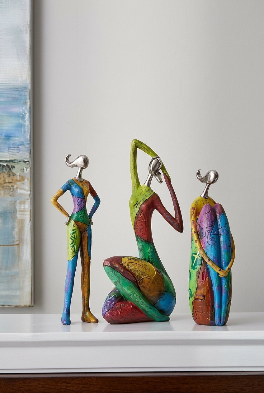 Modern abstract figurine placed on a desk next to books and a lamp
