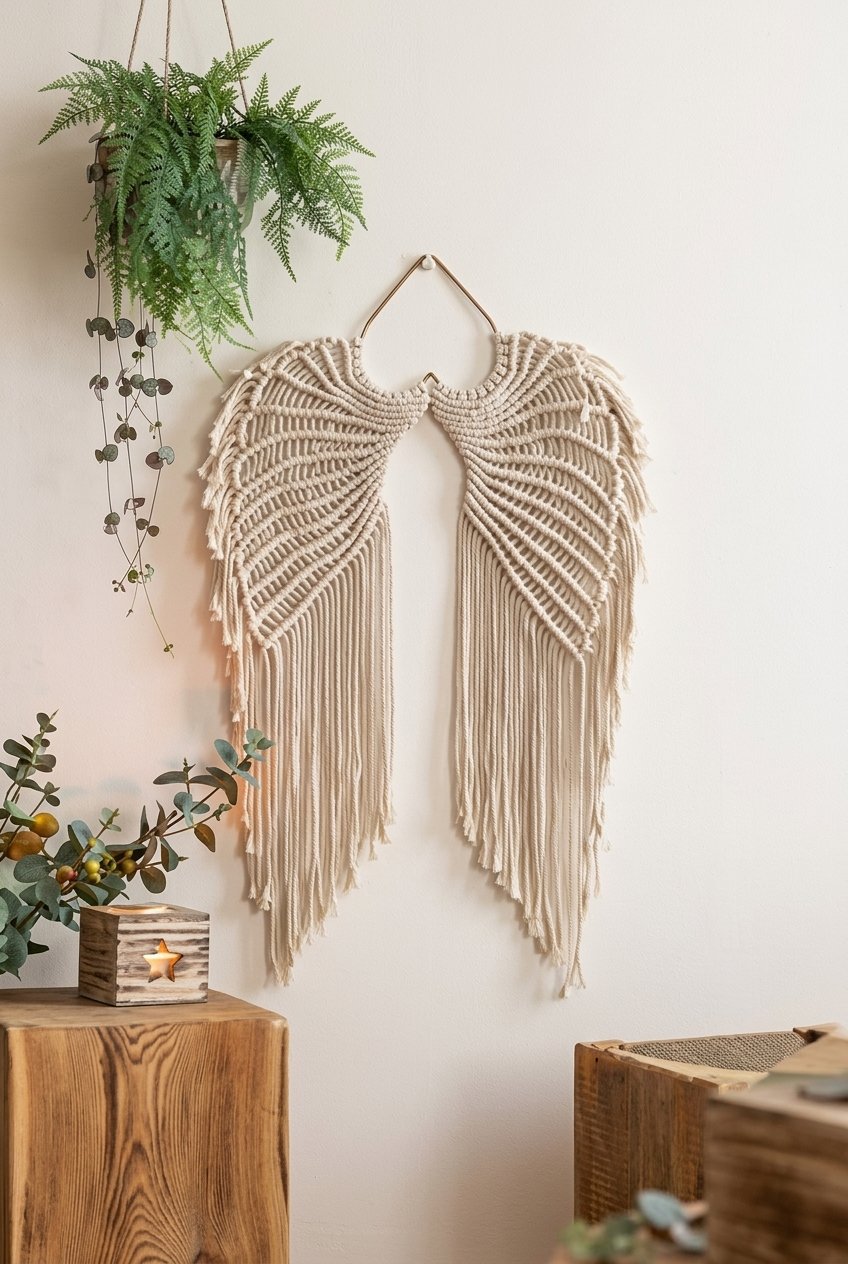 Angel wings macrame wall hanging above a neutral bedroom bed