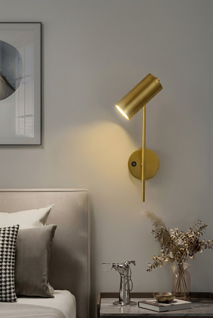 Bedroom wall lamp with switch and iron frame mounted beside a bed