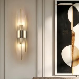 Black and gold stainless steel LED wall lamp on a living room wall