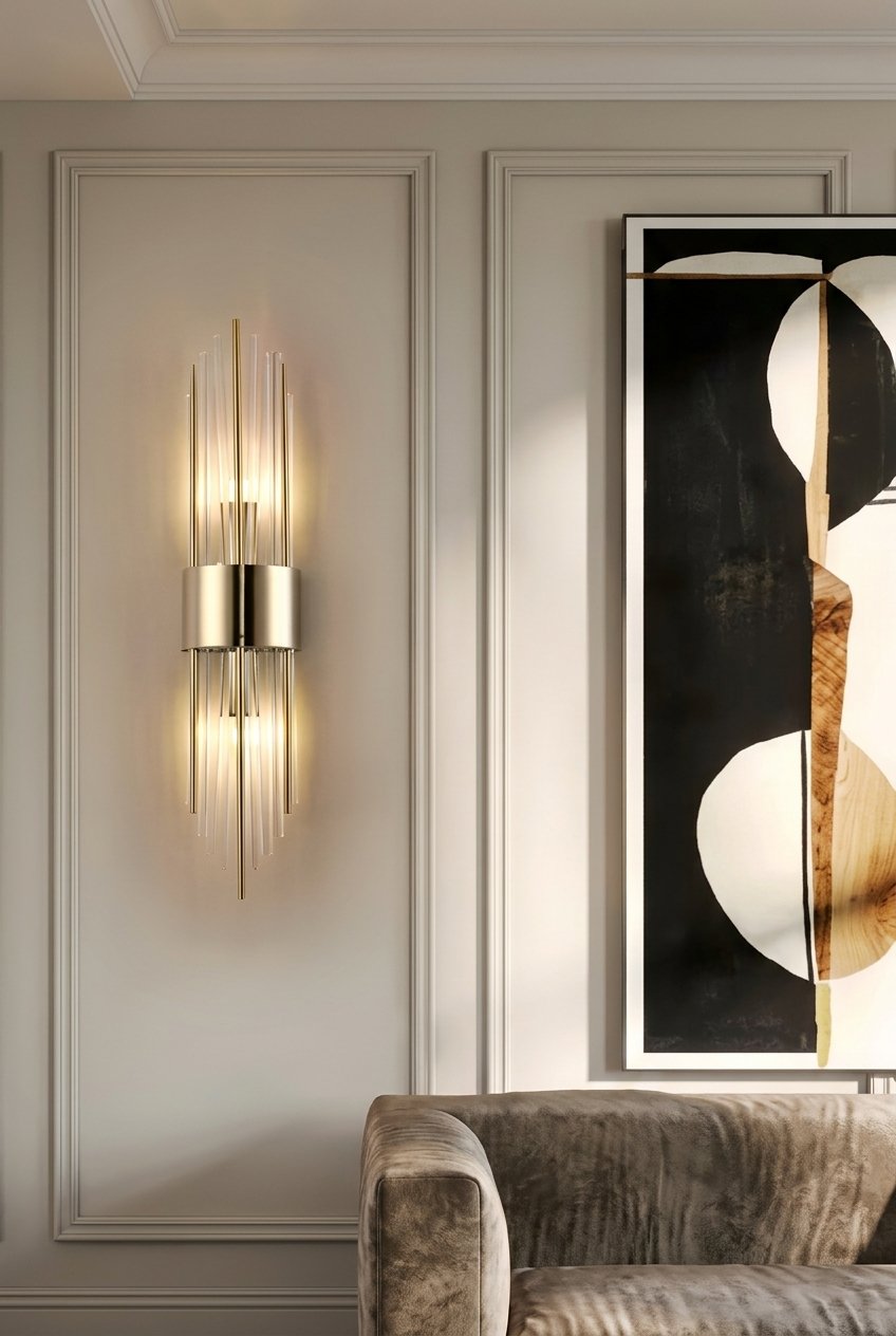 Black and gold stainless steel LED wall lamp on a living room wall