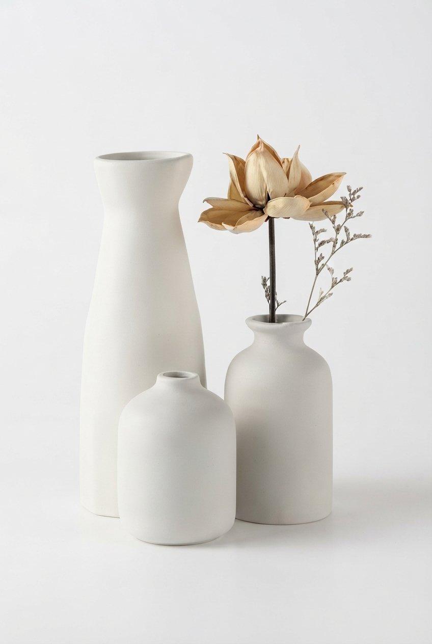 Bohemian ceramic vase set of 3 in neutral tones on a wooden dining table