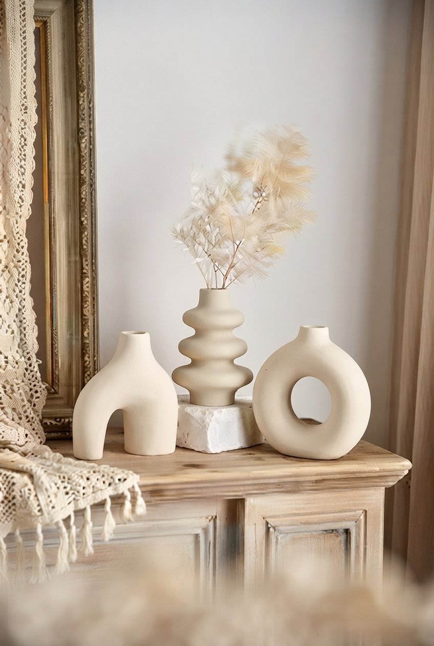 Decorative boho ceramic vase set in neutral tones on a living room coffee table