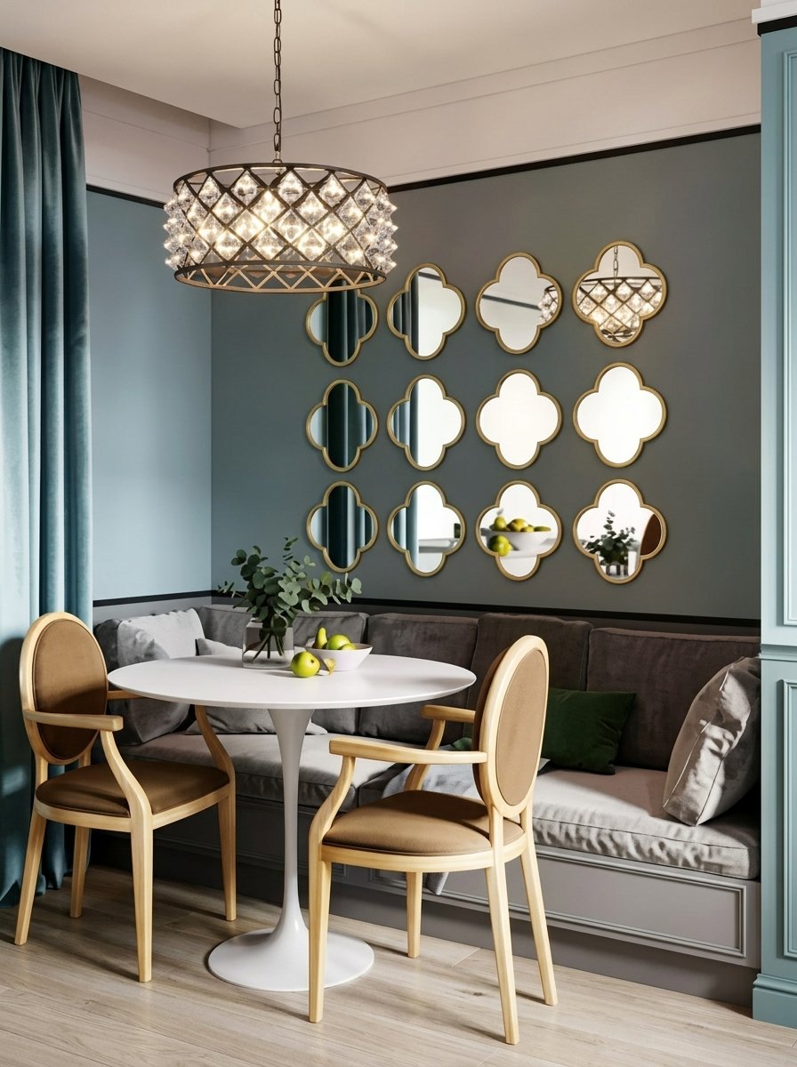 Four leaf clover wall mirror hanging above a wooden sideboard in a dining room