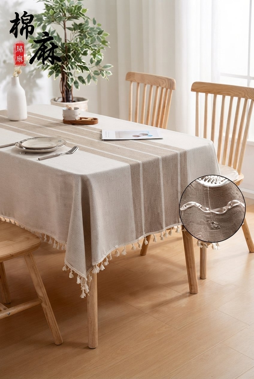 Cotton linen waterproof tablecloth on a wooden dining table with ceramic vase