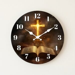 Bible cross wall clock with open book and flame design and black hands