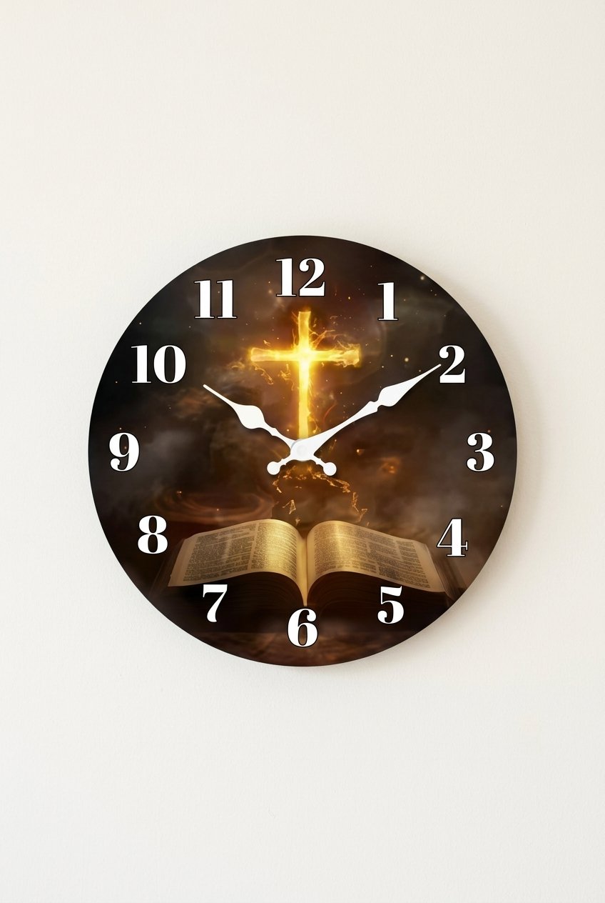Bible cross wall clock with open book and flame design and black hands