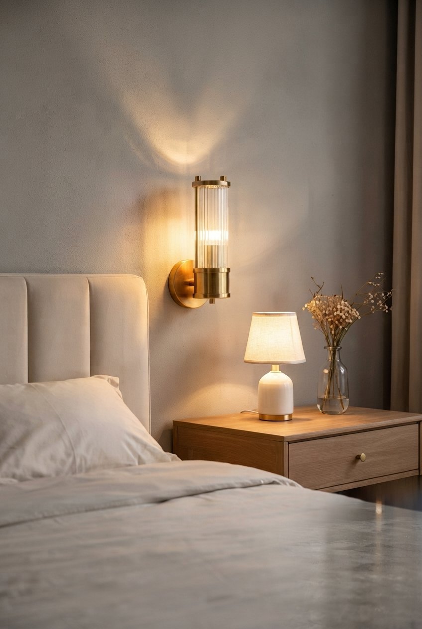 Modern crystal LED wall light with minimalist frame mounted beside a bed