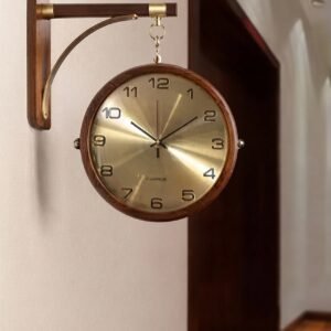 Double sided wooden wall clock with silent movement mounted on a hallway wall