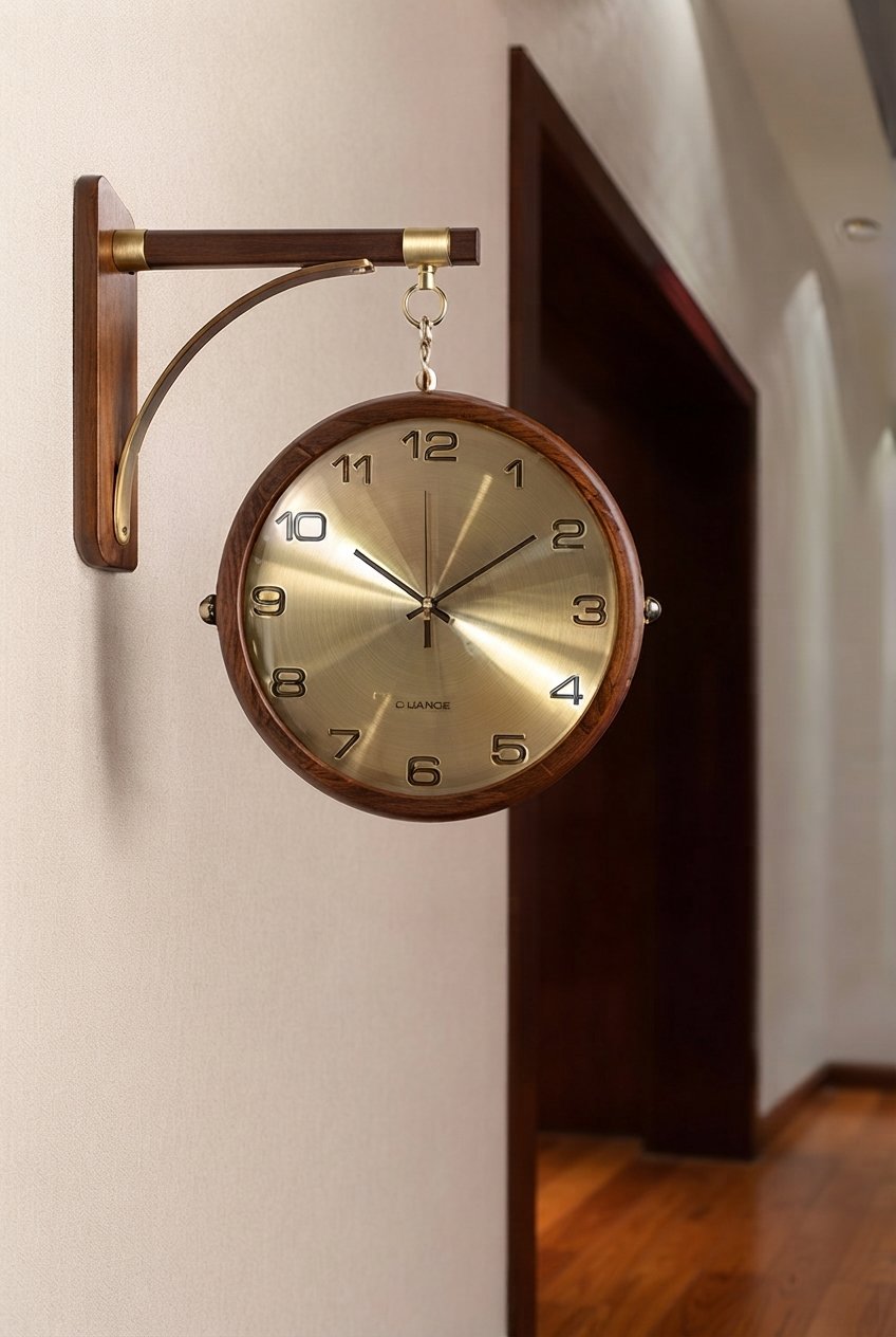 Double sided wooden wall clock with silent movement mounted on a hallway wall