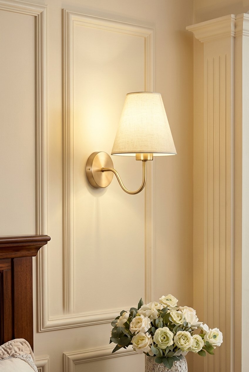 Retro fabric wall lamp with soft glow mounted beside a bed