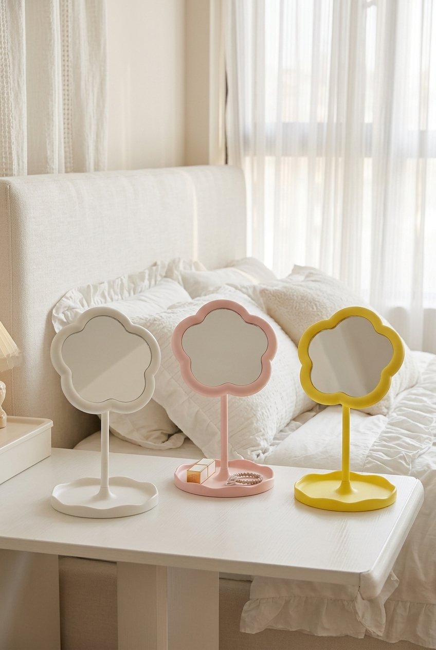 Floral makeup mirror on a bedroom dresser beside a small tray and a candle