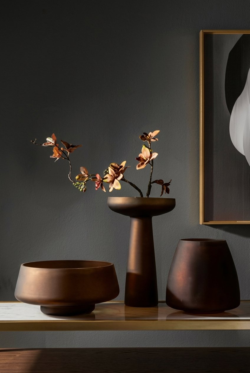 Frosted glass vase with dried flowers on a wooden dining table
