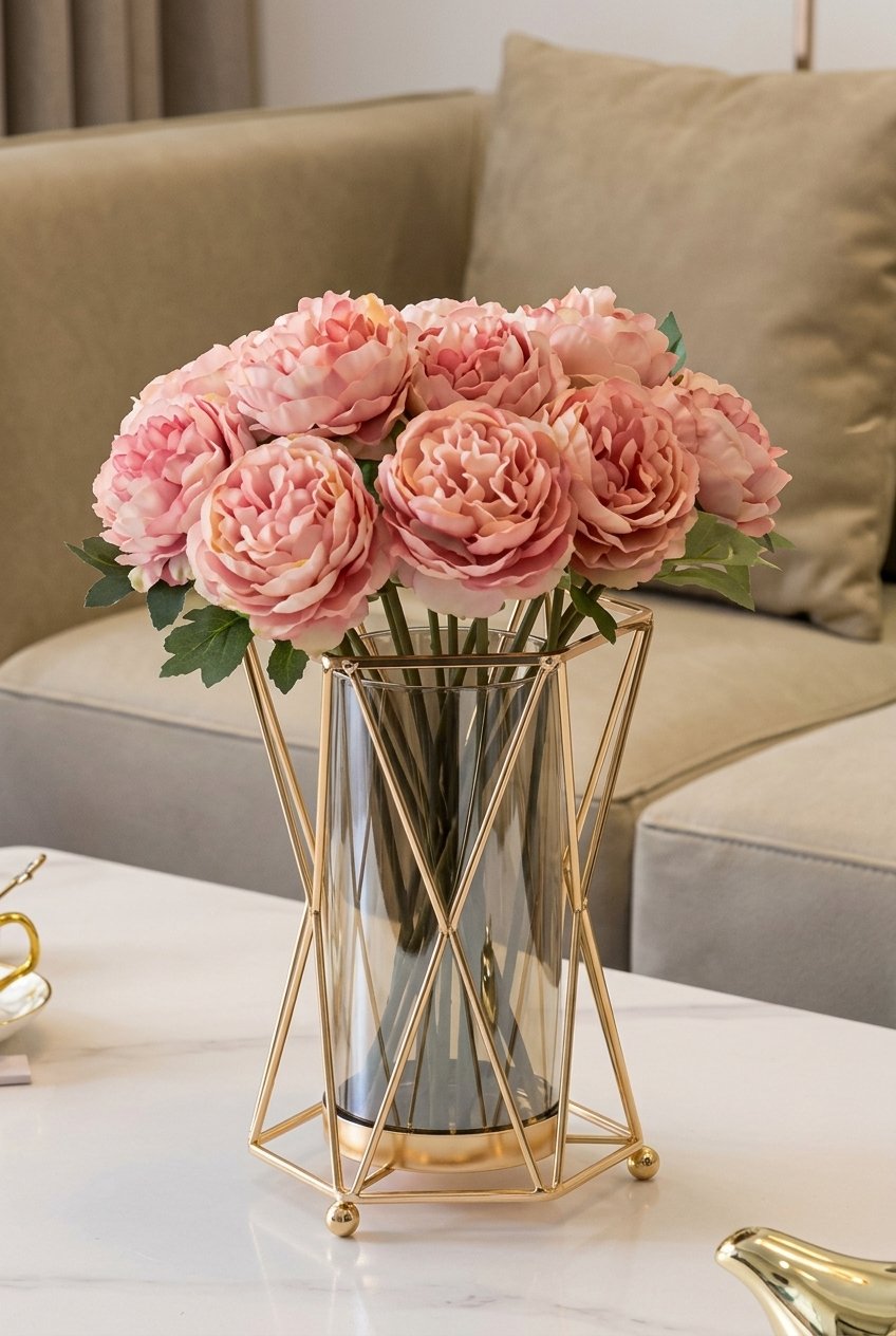 Geometric glass vase with wrought iron frame on a dining table