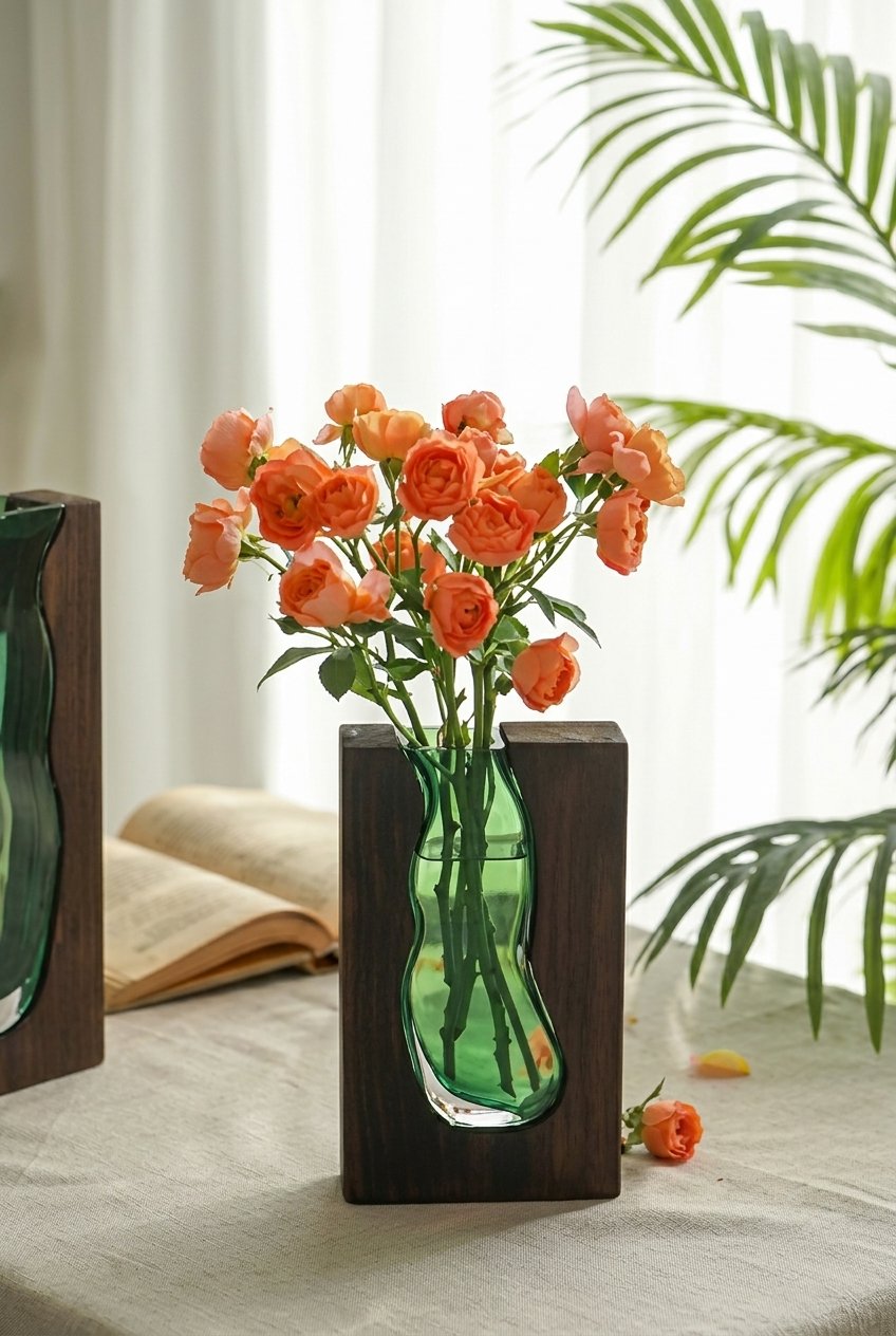Clear glass vase with solid wood base as a dining table centerpiece