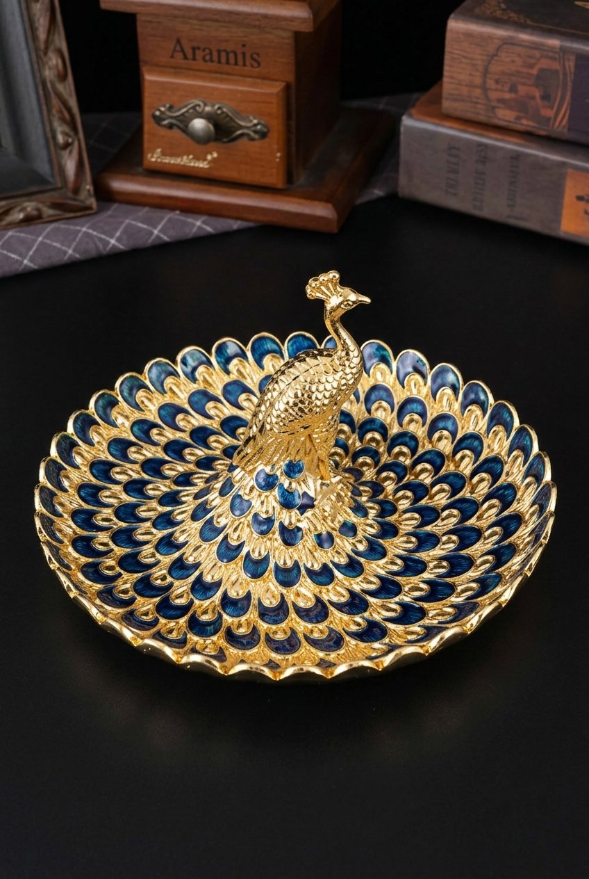 Golden peacock decorative tray on a dining table with fruit