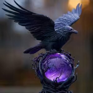 Black gothic eagle sculpture perched on glowing moon orb night light