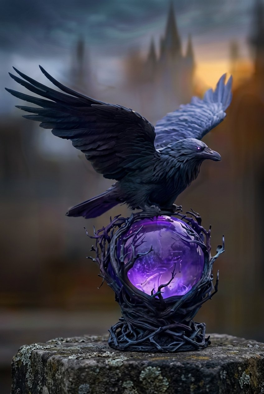 Black gothic eagle sculpture perched on glowing moon orb night light
